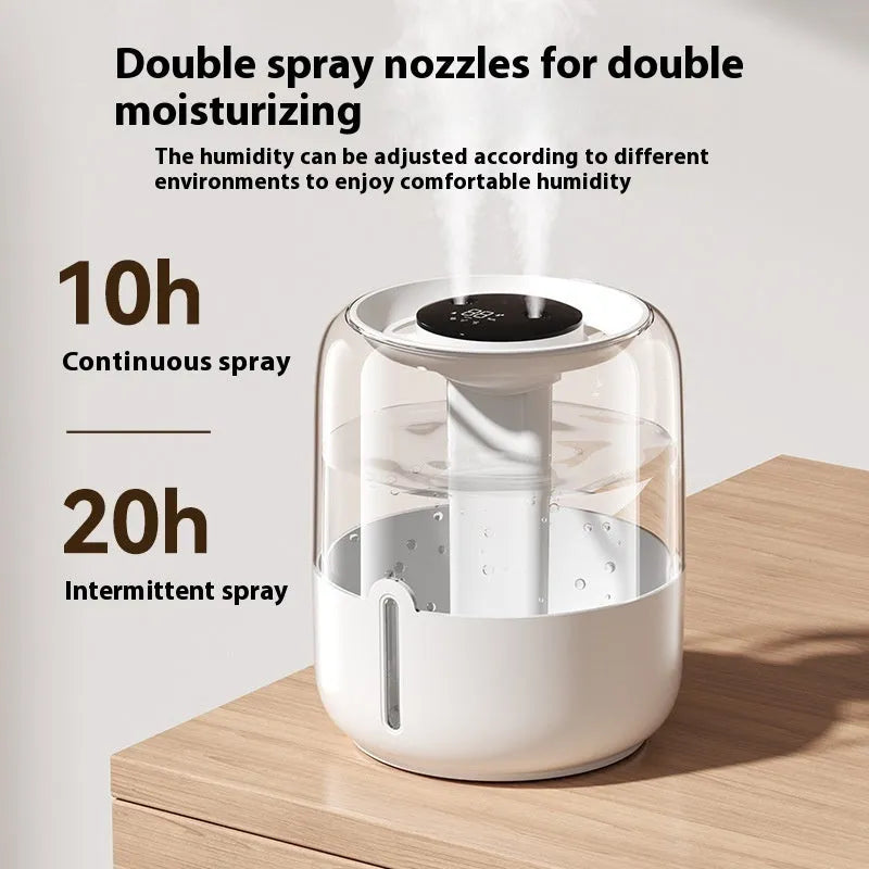Beige round USB-powered humidifier with dual spray nozzles and display screen