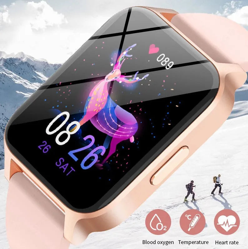 Smart colour screen watch showing health metrics on display, available with black or rose gold mesh and tape straps.
