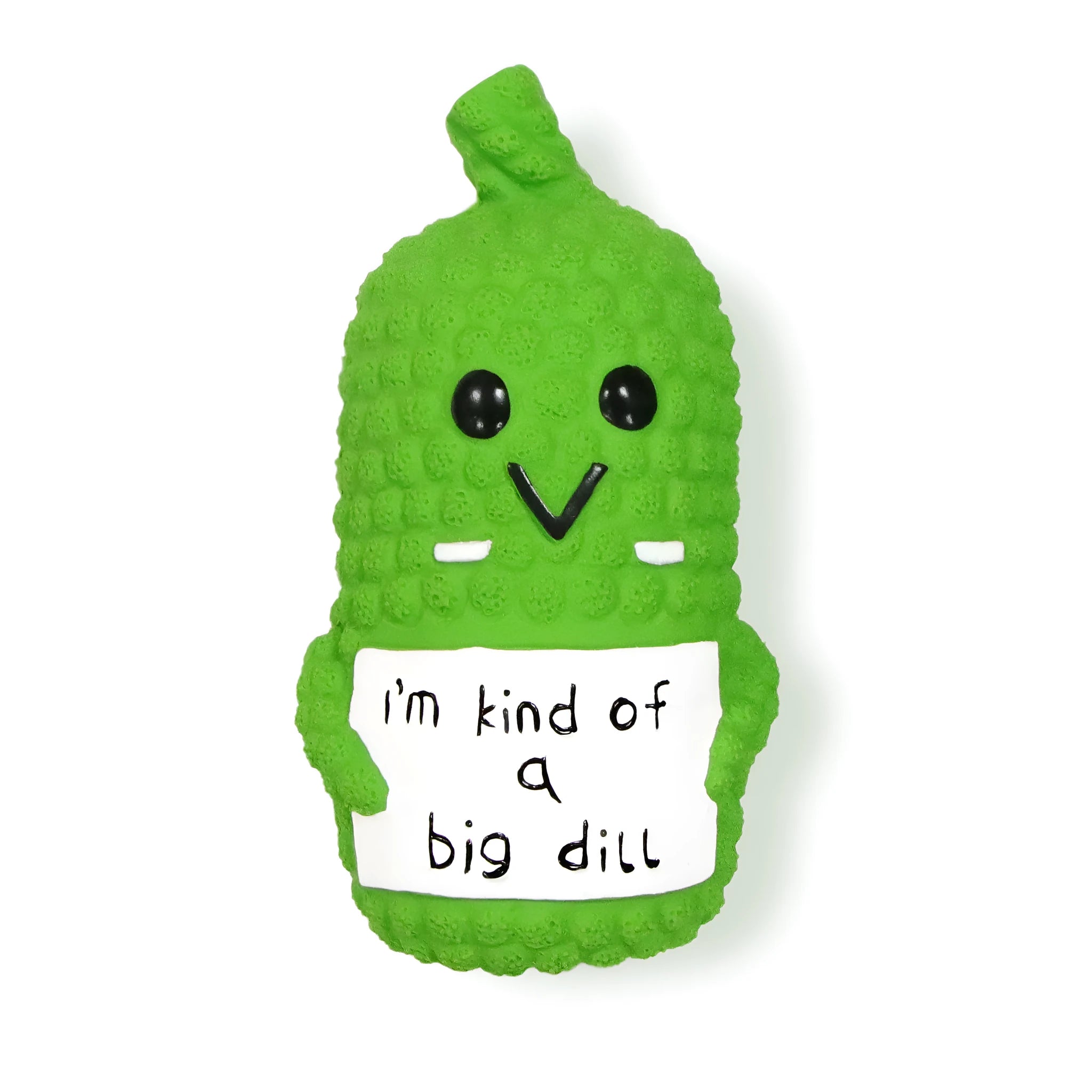 Green latex pickle-shaped dog chew toy with textured surface and squeaker