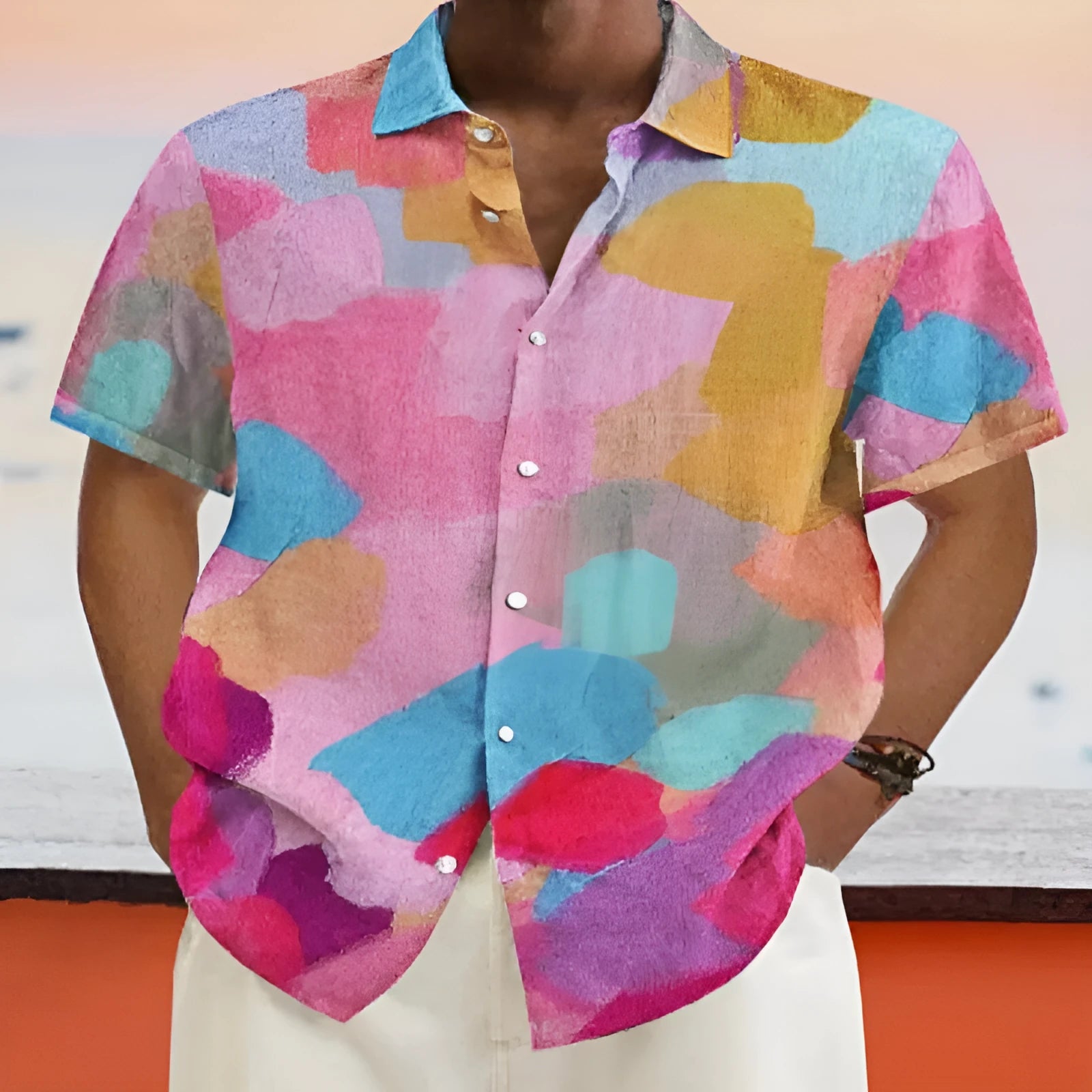 Hawaiian style loose fit cardigan with 3D printed pattern, stand collar, and short sleeves.