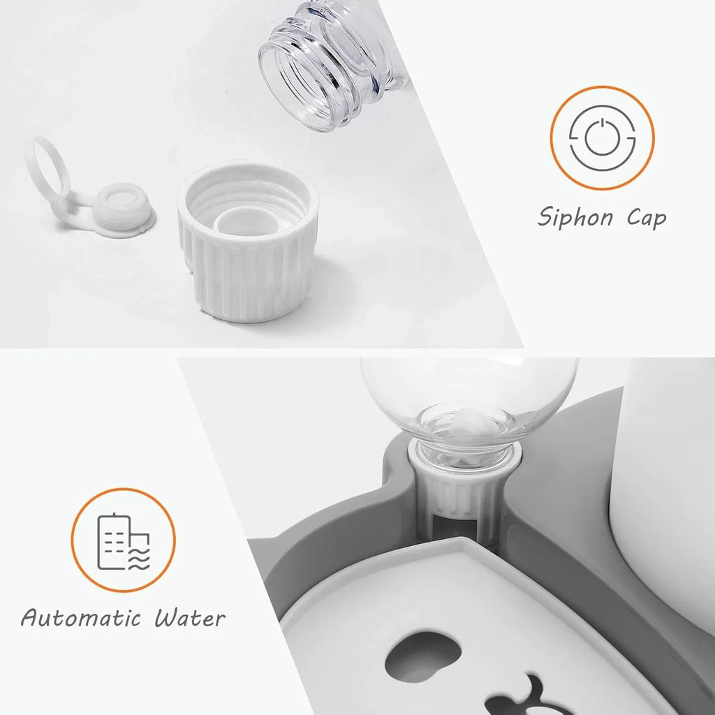 Grey panda-shaped pet feeder with tilted stainless steel bowl and automatic water bottle