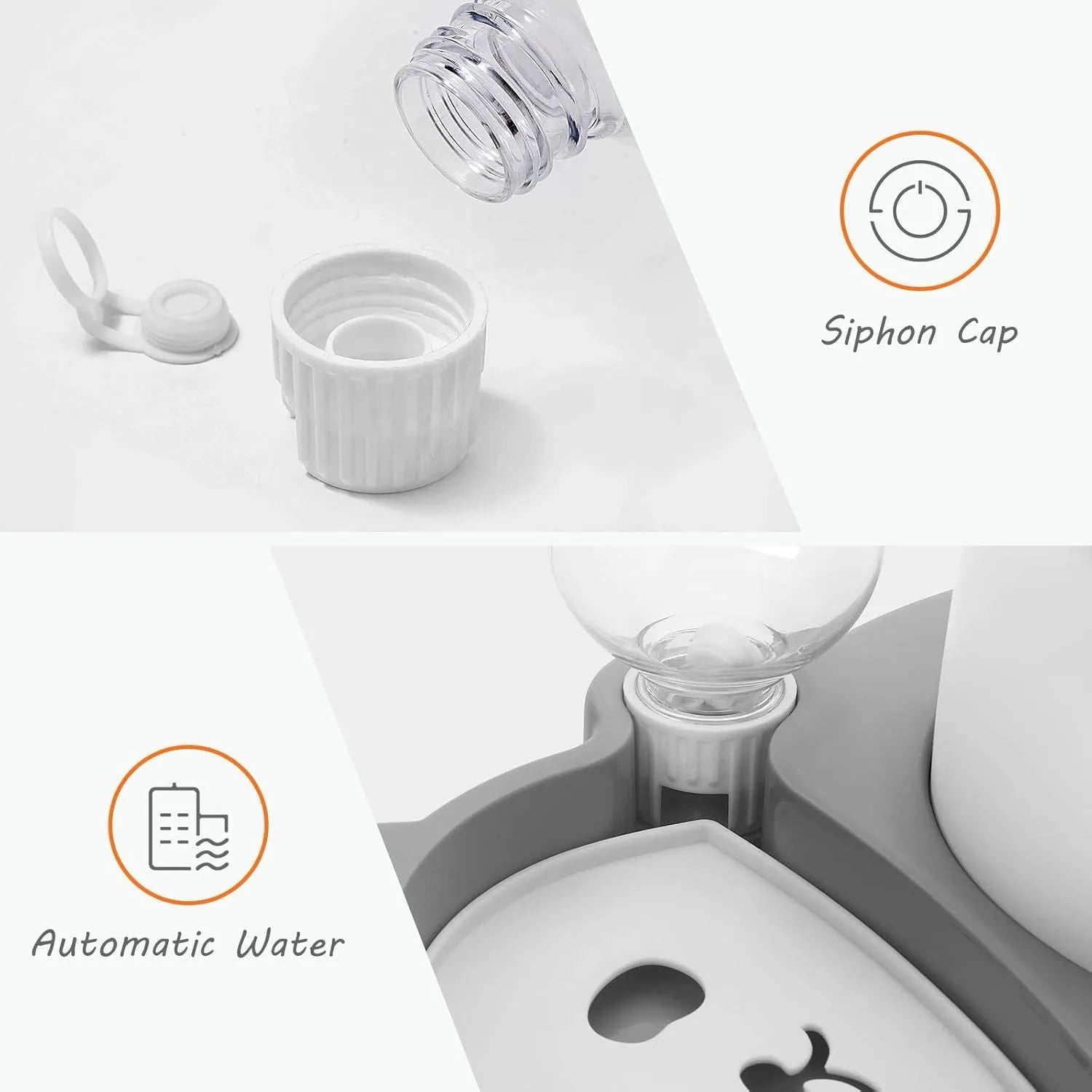 Grey panda-shaped pet feeder with tilted stainless steel bowl and automatic water bottle