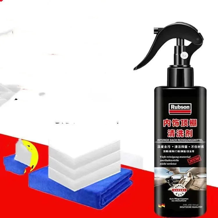 Fabric roof foam cleaner bottles with towel and sponge wipes for interior ceiling cleaning