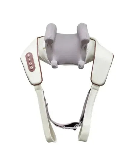 Creamy white rechargeable shoulder and neck massager on a plain background.