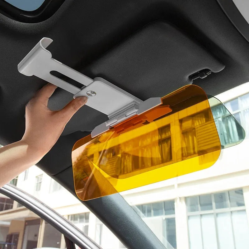 Anti-glare car sun visor with acrylic lens showing stretch, button and spring mounting options