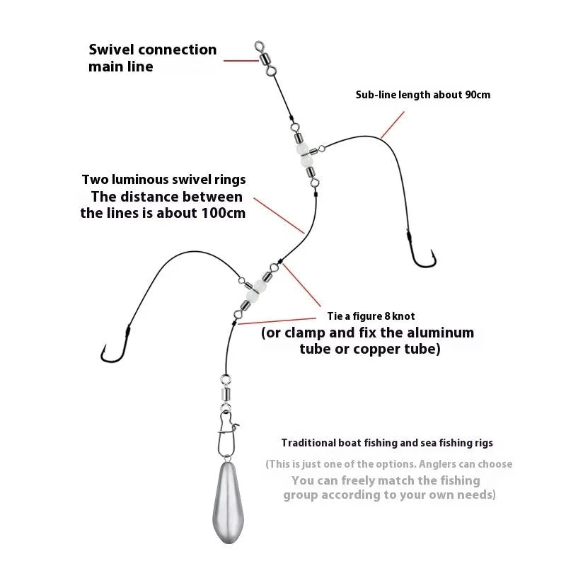 Copper fishing lure accessories showing luminous swivel beads with T-type balance fork rings in multiple sizes