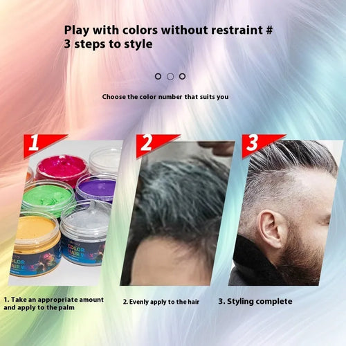 120g hair styling clay in multiple colours including blue, green, purple and rose red