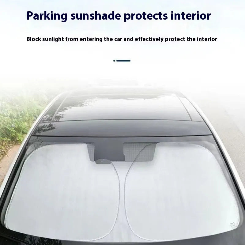 Aluminium foil car windscreen sunshade in titanium silver, shown folded and unfolded.