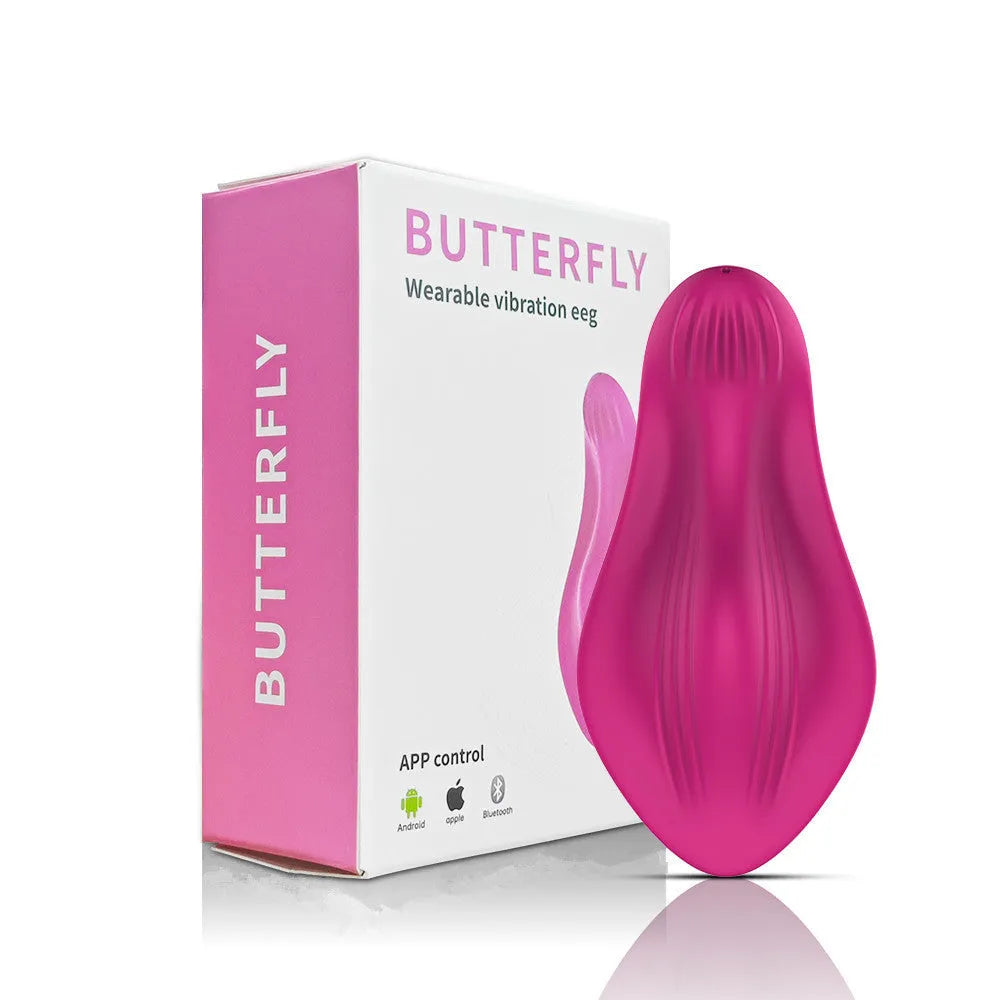 Rose Red female massager with cute butterfly shape featuring wireless APP control and USB charging port