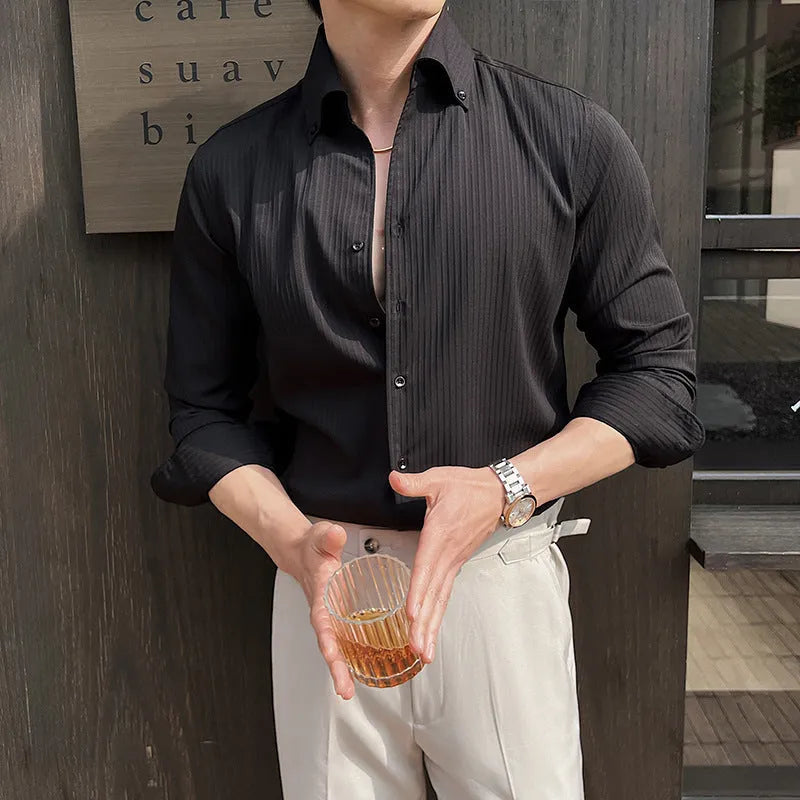 Men's striped V-neck long sleeve casual shirt in polyester blend fabric