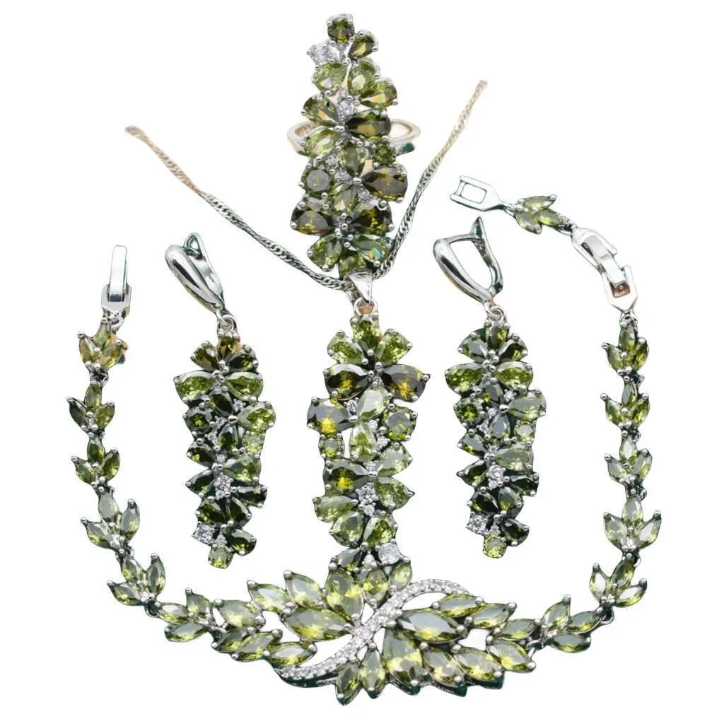 Retro botanical pattern jewellery set in copper alloy with zircon stones, showing necklace, bracelet, earrings, and ring.