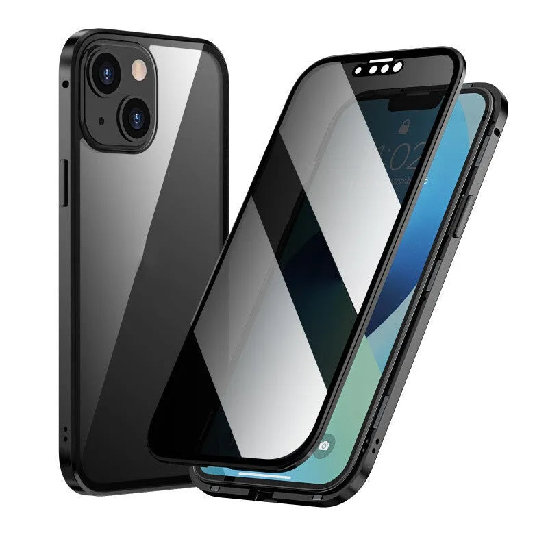 A solid-colour magnetic iPhone case with an integrated metal frame, shown in black, for use with magnetic car mounts.