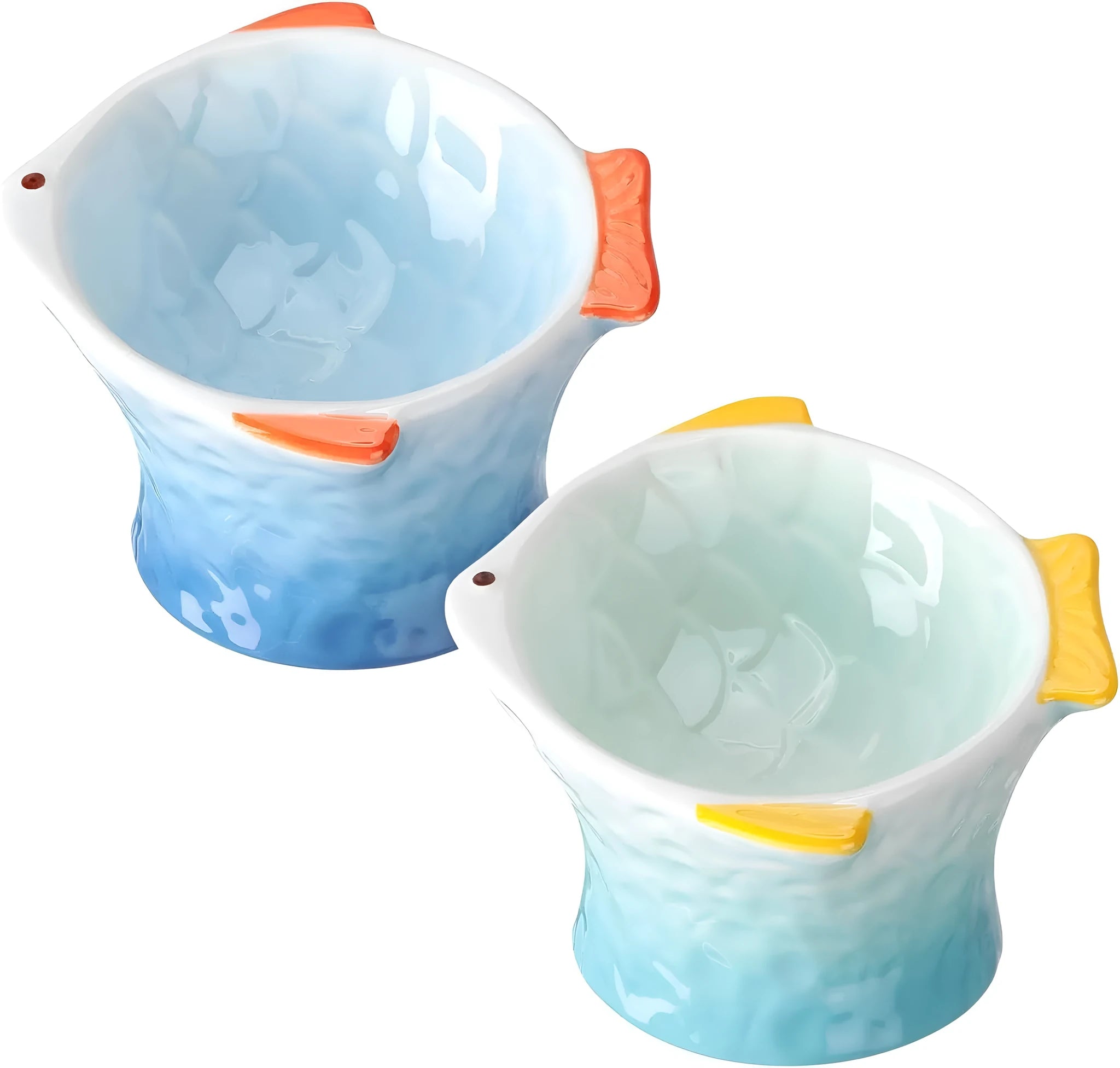 Blue fish-shaped ceramic cat bowl with 15-degree tilt angle and elevated design