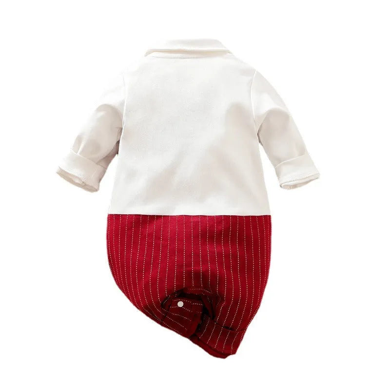 Wine red baby boys long-sleeve romper with single-breasted closure, gentleman style.