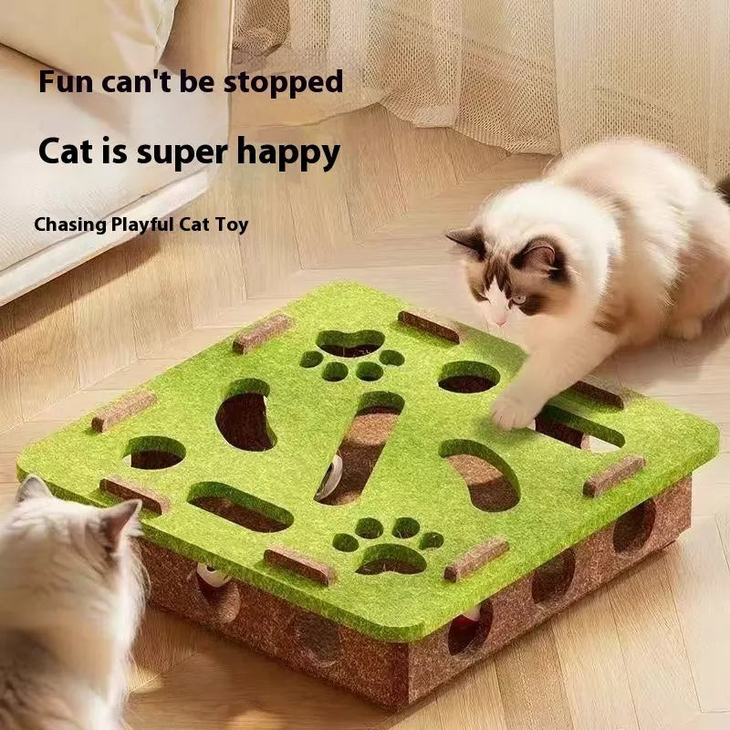 Felt cat toy box 30cm with scratching surface and hiding holes in green brown colour
