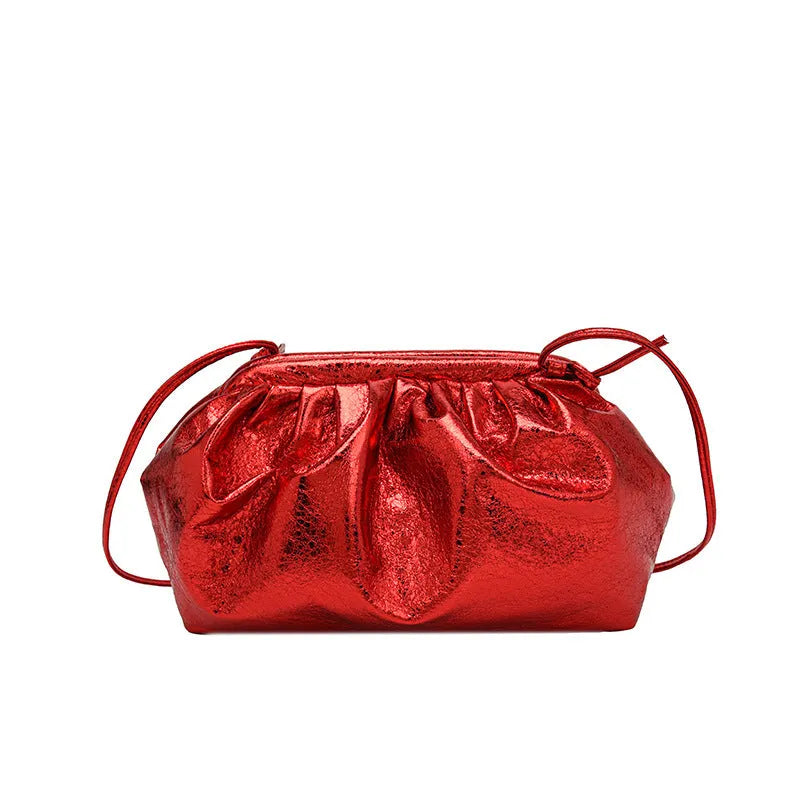Rose Red PU leather shell-shaped crossbody bag with hair clip strap and multiple interior pockets.