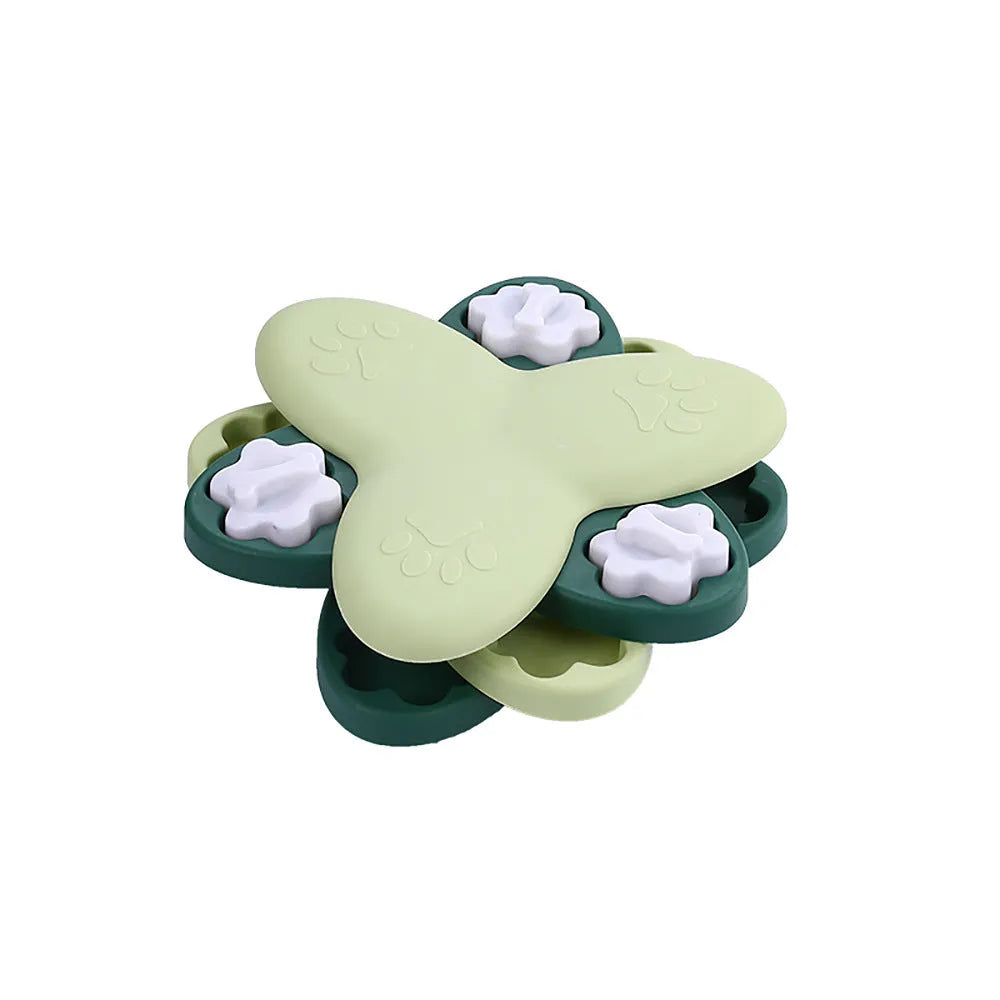 Green and yellow dog puzzle toy with nine bone-shaped covers on a non-slip base.
