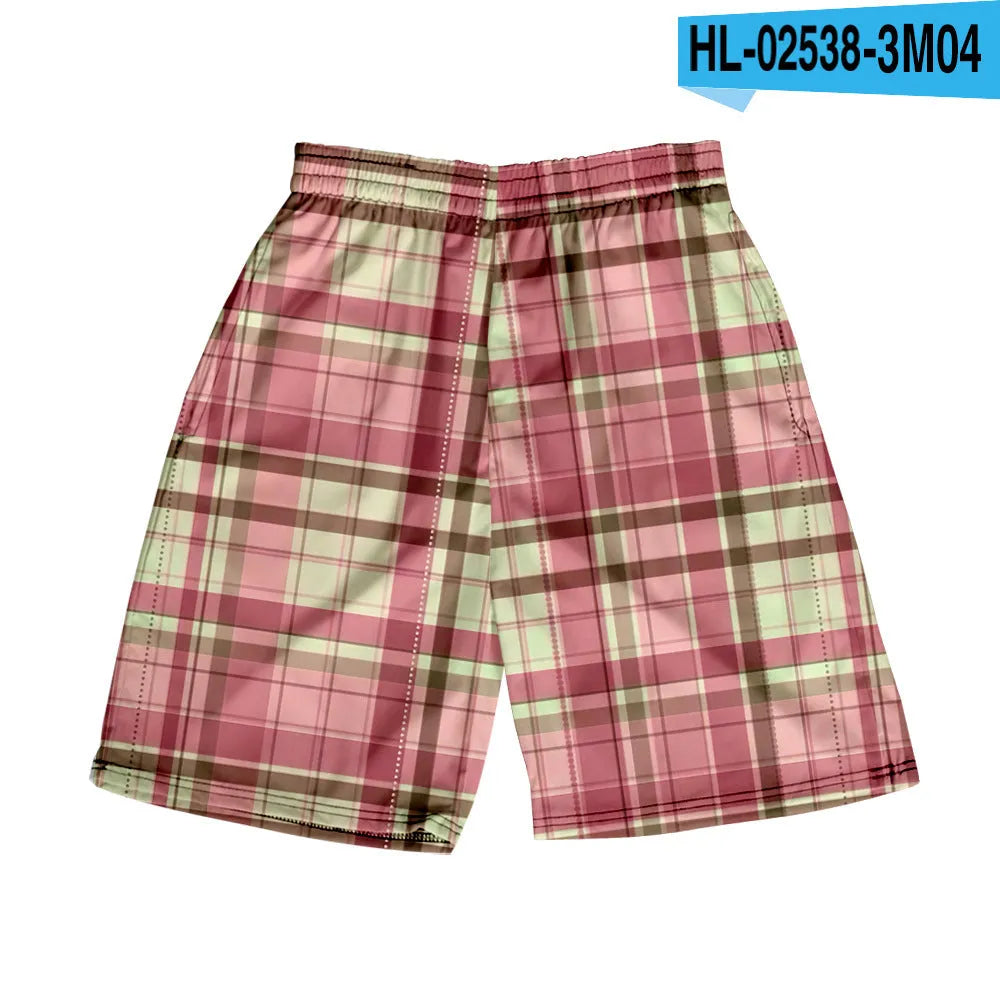 Man wearing plaid patterned polyester shorts with an elastic waistband, showcasing one of the twenty available colour options.