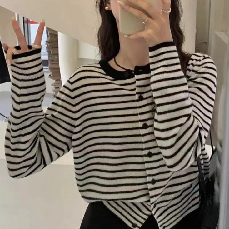 Dark grey and white striped women's slim-fit cardigan coat with long sleeves.