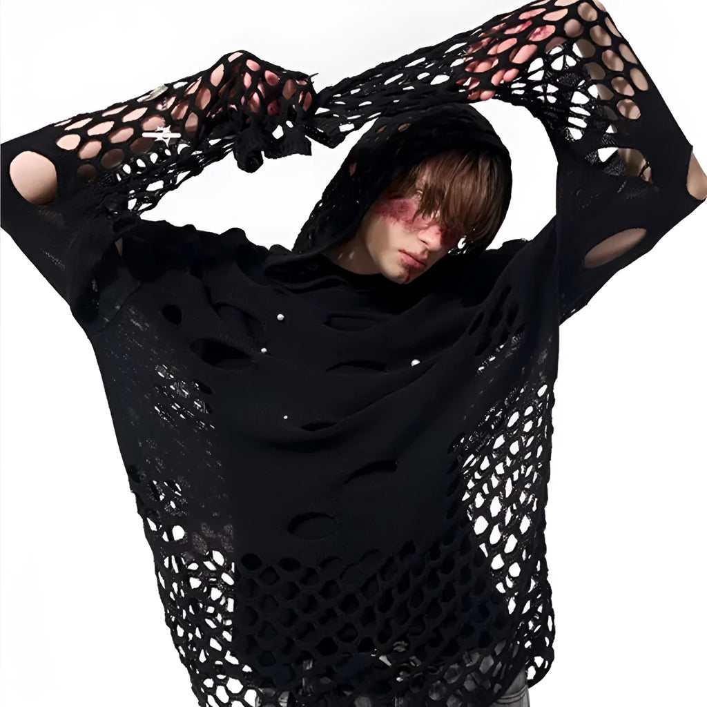 Black men's hoodie with pearl decorative trim and hollow knit construction