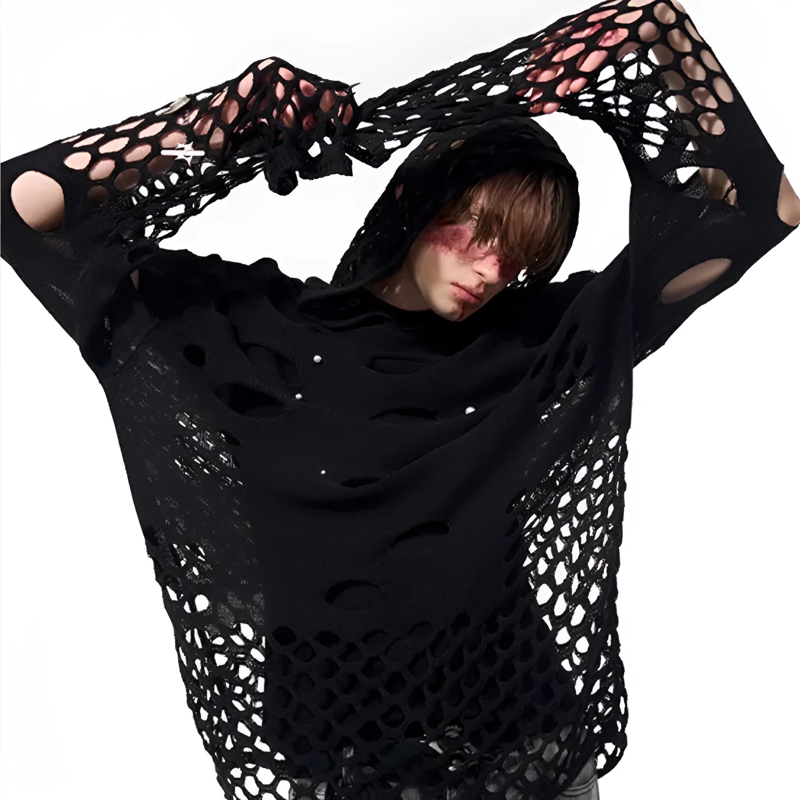 Black men's hoodie with pearl decorative trim and hollow knit construction