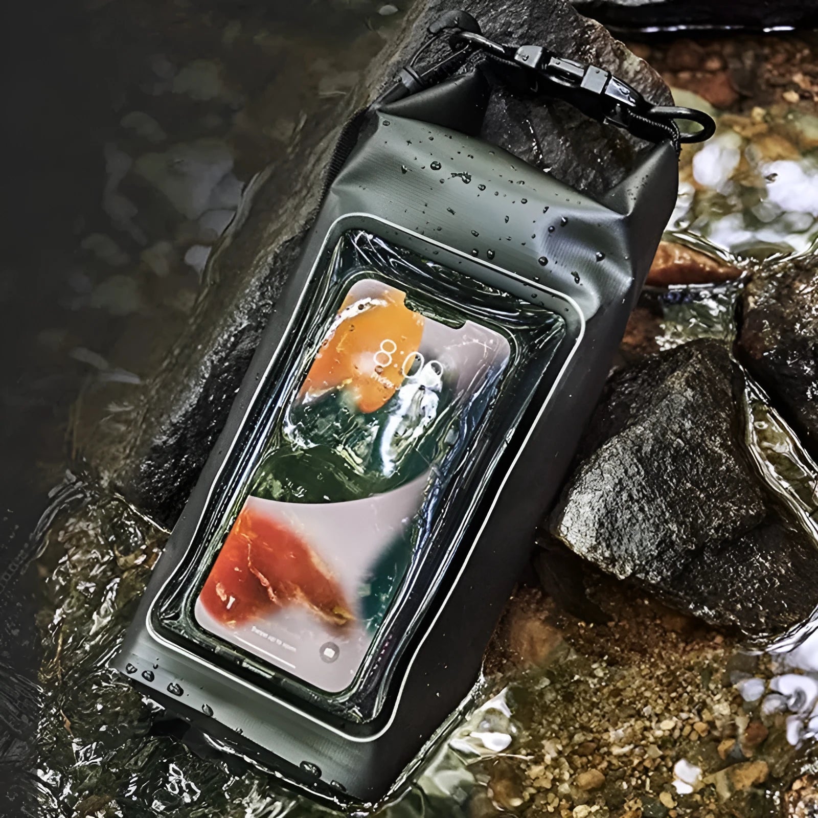 Black waterproof crossbody PVC bag for mobile phones, shown in 2L and 5L sizes.