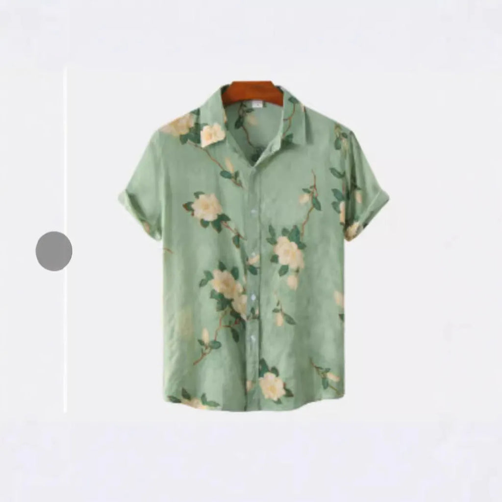 Hawaiian print short sleeve shirt with lapel collar showing floral digital printing on elastic polyester fabric