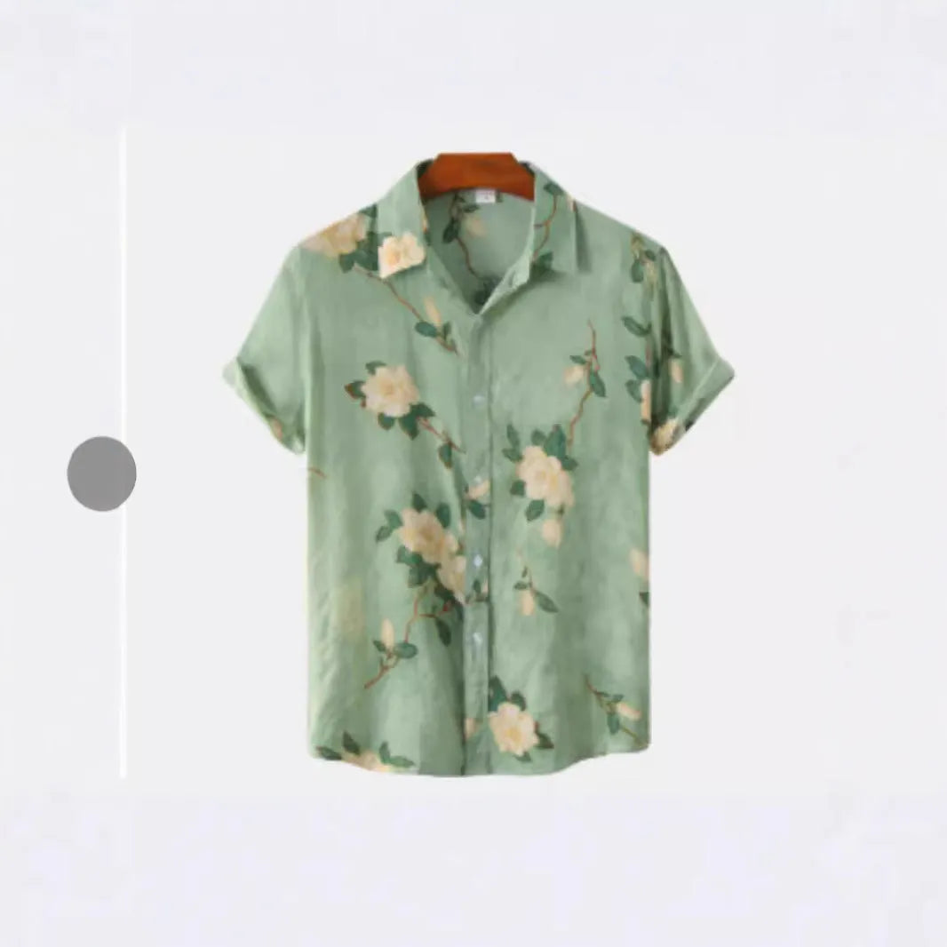 Hawaiian print short sleeve shirt with lapel collar showing floral digital printing on elastic polyester fabric
