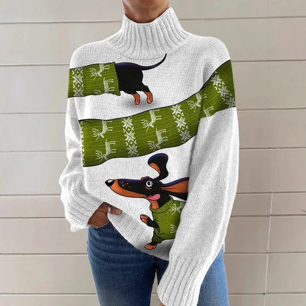 Women's Christmas printed turtleneck sweater showing painting pattern and loose fit