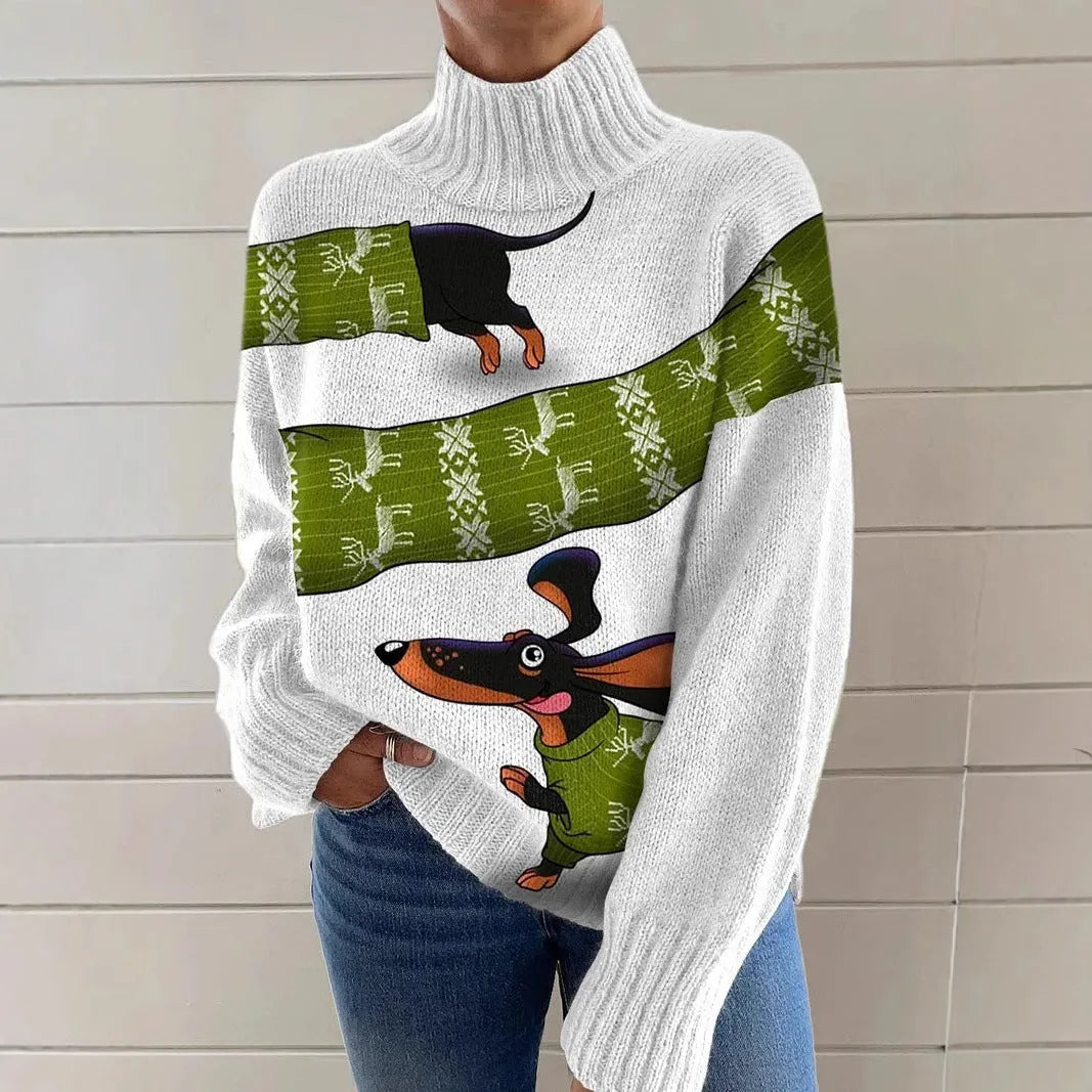 Women's Christmas printed turtleneck sweater showing painting pattern and loose fit