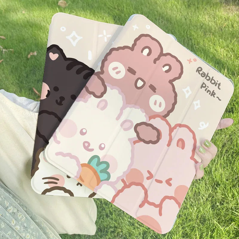 Cartoon style silicone tri-fold protective case for Apple iPad in standing position.