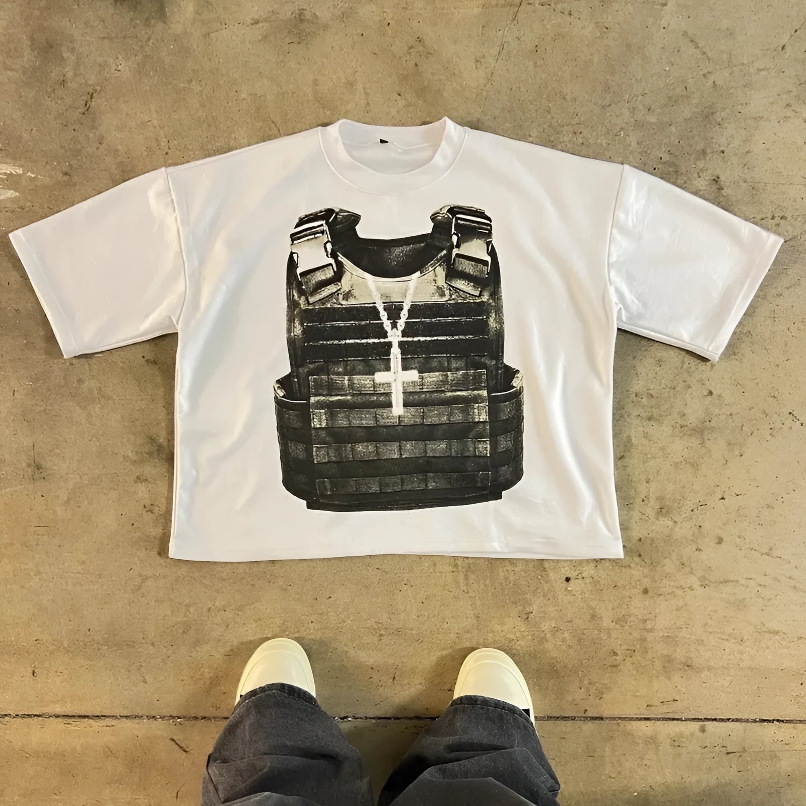 Retro style printed cotton short sleeve t-shirt with drop-shoulder sleeves on a neutral background.