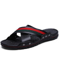 Men's cowhide flip-flops with non-slip PU sole in white, blue, and black colours