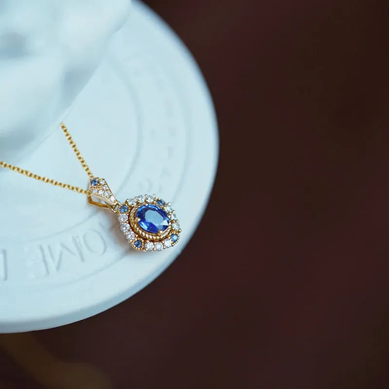 Yellow gold royal necklace with mixed gem zircon pendant on adjustable box chain