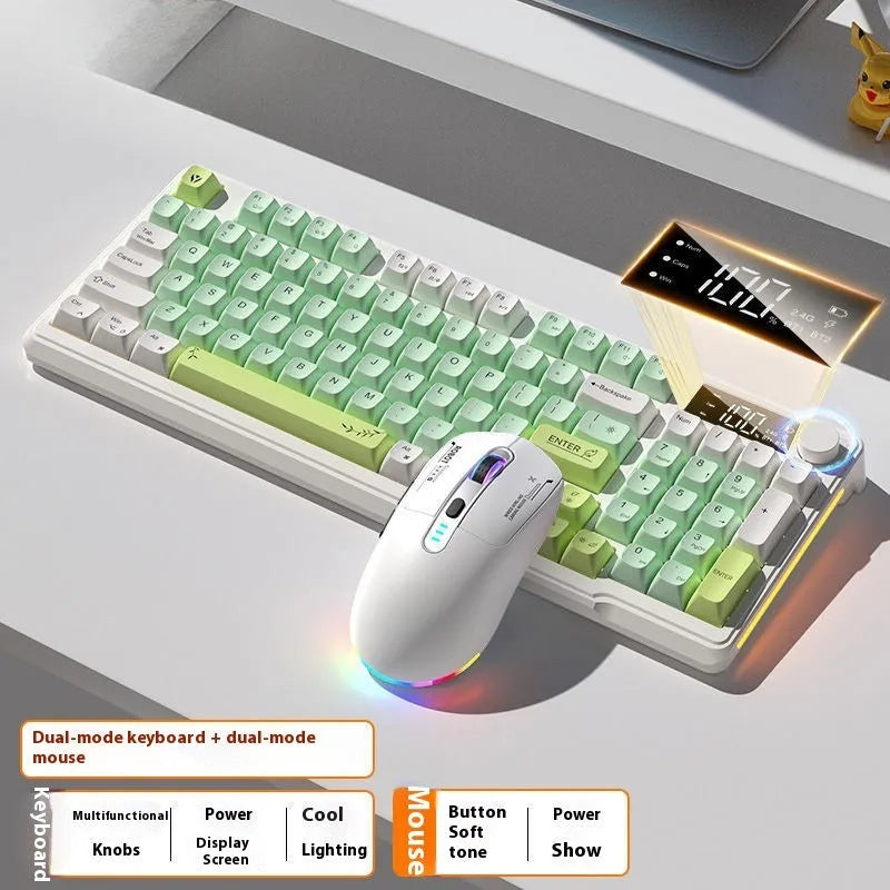 Wireless mechanical-feel keyboard and mouse in a two-tone colour option, showing Type-C cable and connectivity switches.