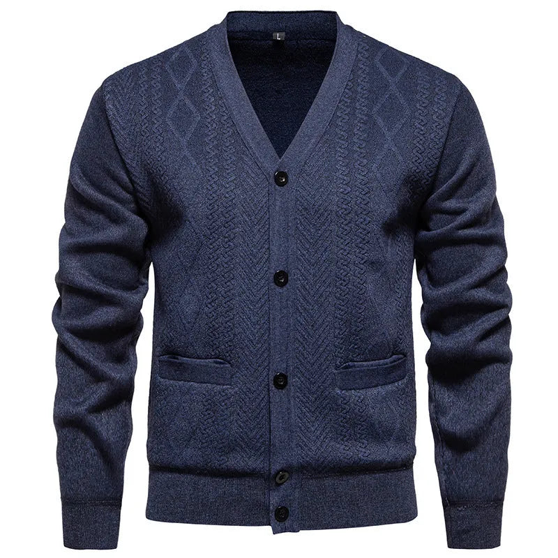 Men's striped cardigan sweater with wool lining in brown colour showing long sleeves and front opening