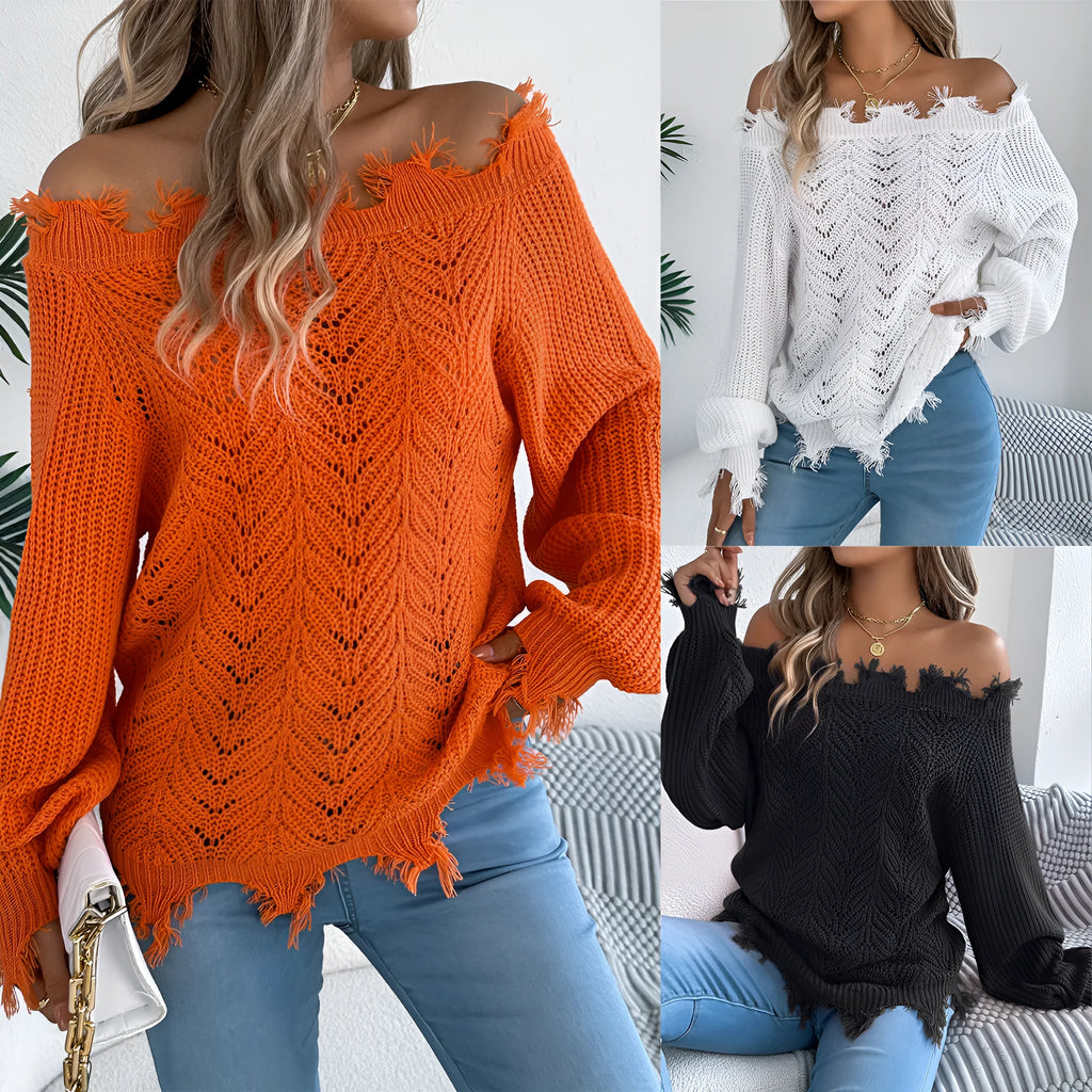 White hollow-out long-sleeved pullover sweater with cut off-the-shoulder design