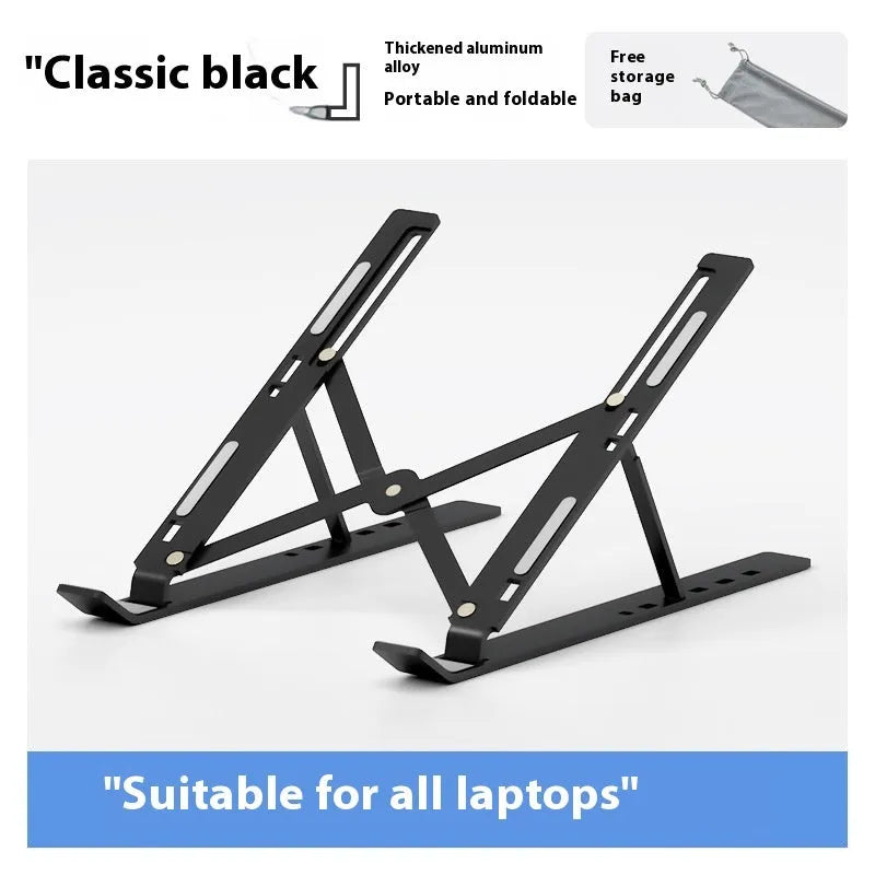Silver aluminum alloy folding laptop stand supporting a large 18 inch notebook on a desk