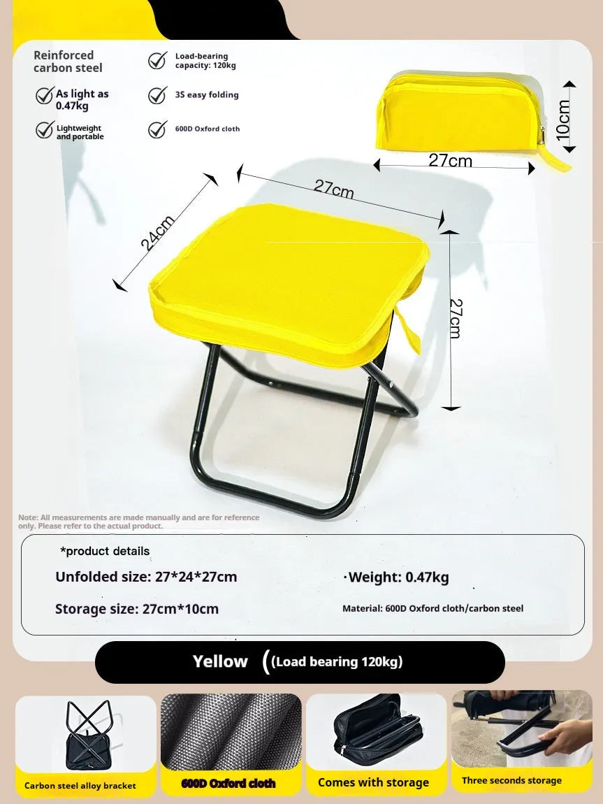 Lightweight foldable camp stool in Oxford cloth, shown in a khaki colour, folded for carrying.