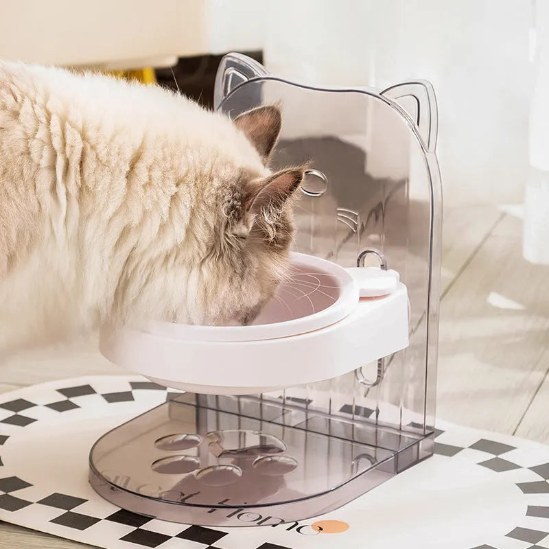 Grey cat feeding bowl with cat ears design and adjustable height mechanism on removable hanging cage