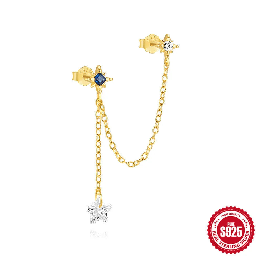S925 sterling silver double ear piercings stud earrings with zircon inlaid chain in golden geometric designs