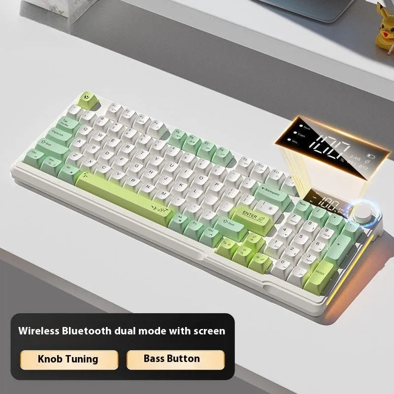 Wireless mechanical-feel keyboard and mouse in a two-tone colour option, showing Type-C cable and connectivity switches.