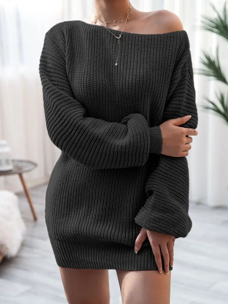 Women's off-the-shoulder knitted sweater dress with lantern sleeves in solid colour