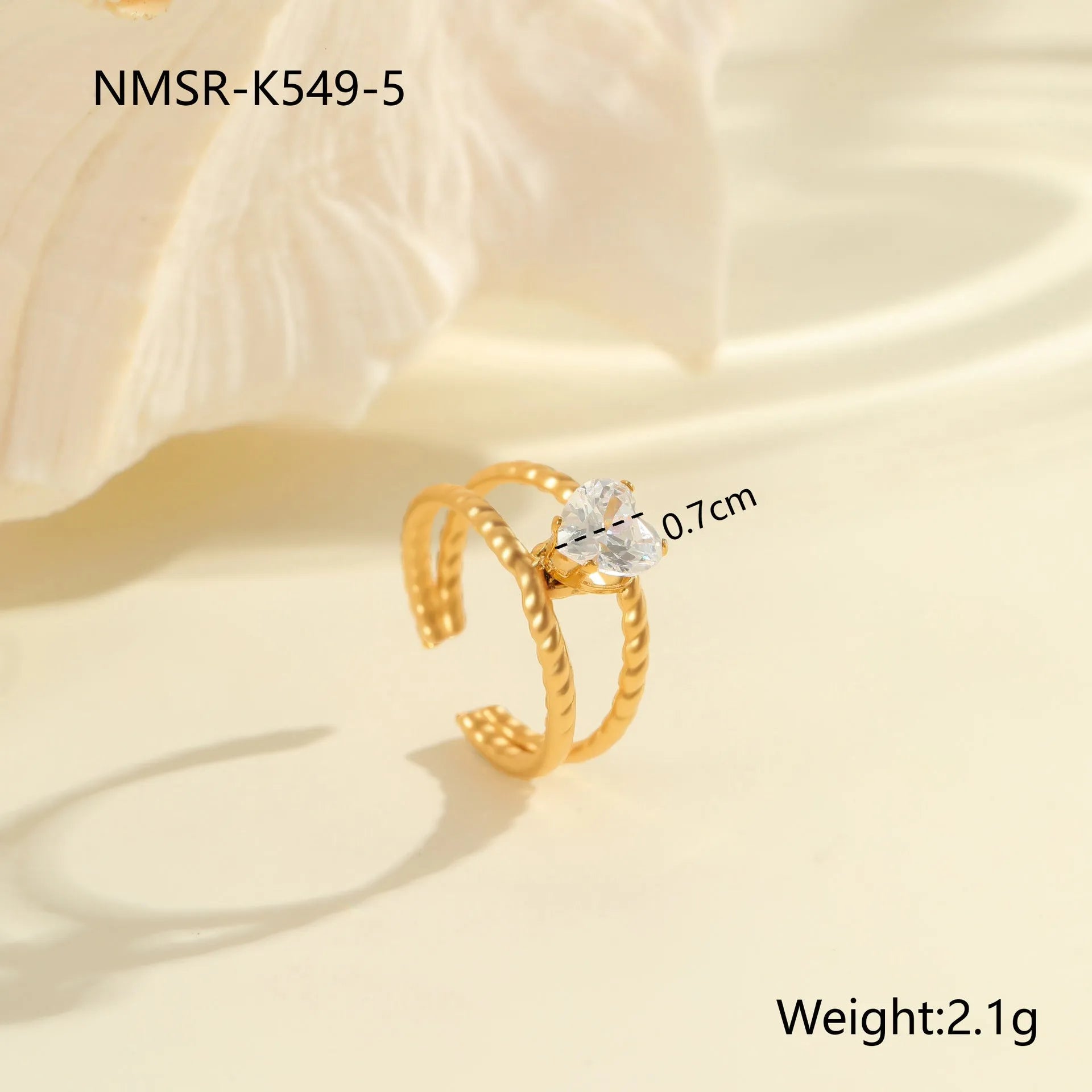 Gold electroplated stainless steel ring with zircon stones and open mouth adjustable design