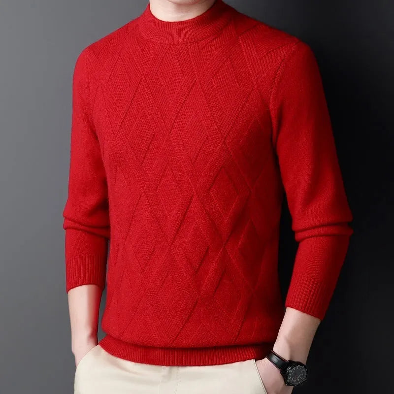 Men's thick diamond jacquard winter sweater in wool blend shown in light camel colour