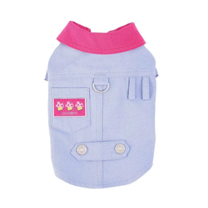 Blue and purple polyester dog vest with traction ring for small breeds in summer