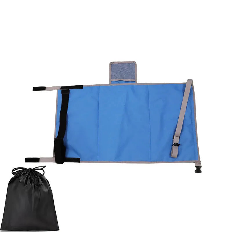 Blue portable children's aircraft seat extender with attached pedal and matching drawstring storage pocket.