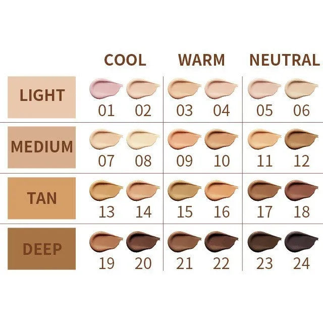 Liquid pen concealer contour stick shown with 24 colour shade options for waterproof makeup application.