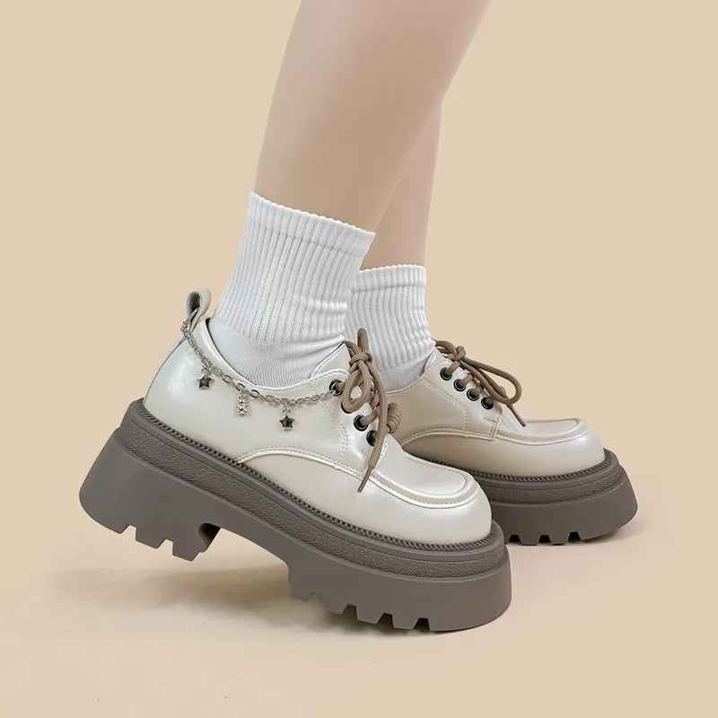 White platform Mary Jane shoes with thick chunky heel and front lace-up in XINGX bear colour