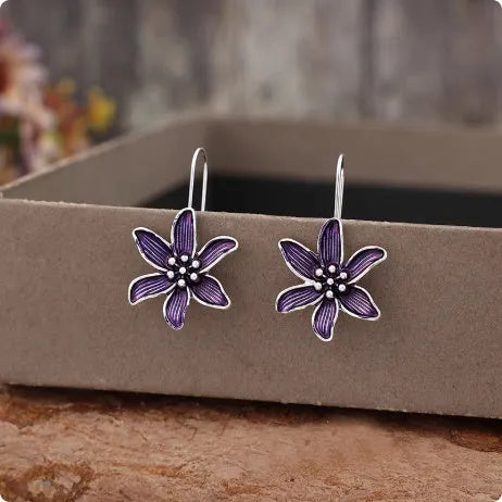 Purple flower-shaped retro earrings with alloy construction and electroplated finish